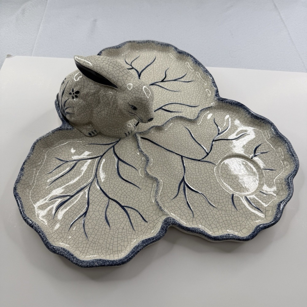 Dedham Pottery Rabbit Chip & Dip Set The Potting Shed Blue White Crackle Glaze‎ - Picture 9 of 16
